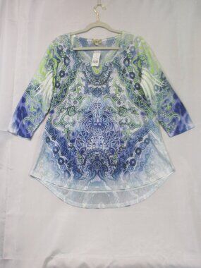 NWT Jess & Jane Blue Green White Boho Indie 3/4 Sleeve Knit Top Rhinestone Sz XL